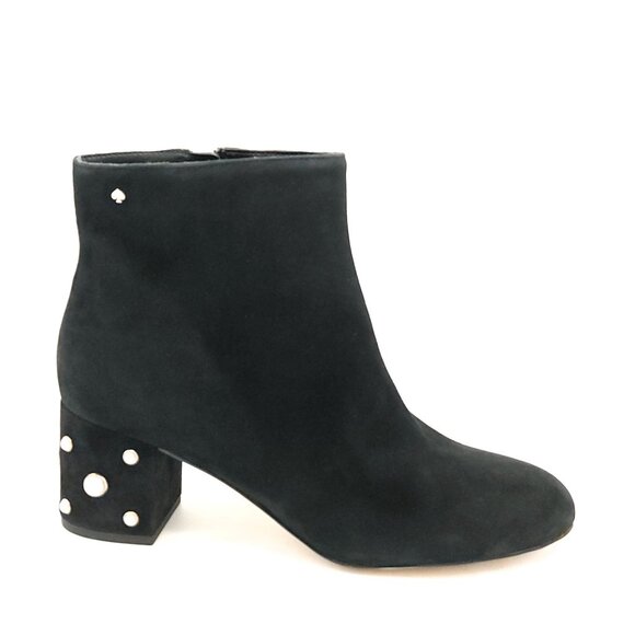 Kate Spade Taraji Faux Pearl Heel Boots Womens 8.5 Black Suede Contemporary Glam - Picture 1 of 10